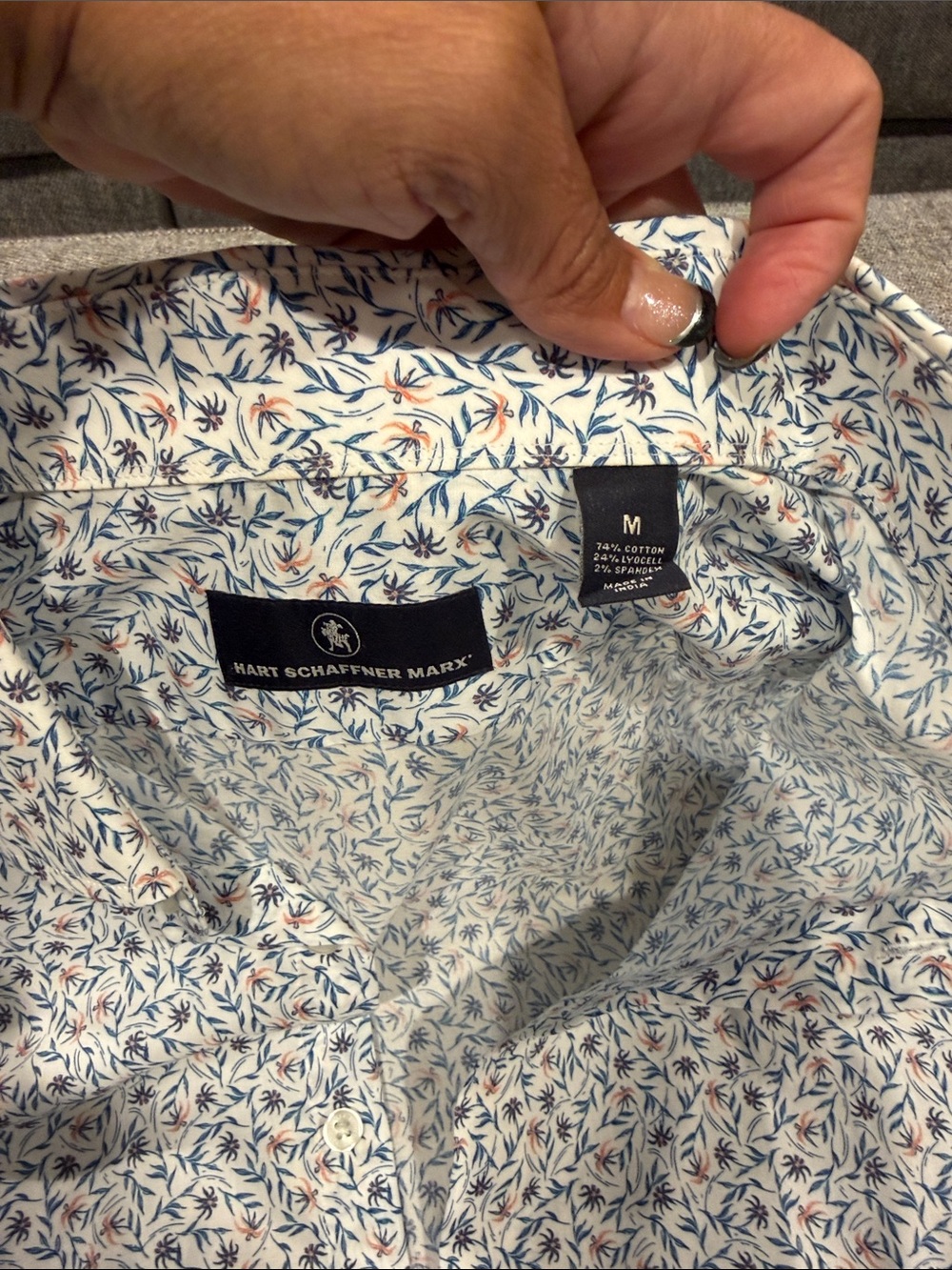 Mens Long-Sleeve Floral Button-Up Shirt - White with Blue & coral pattern